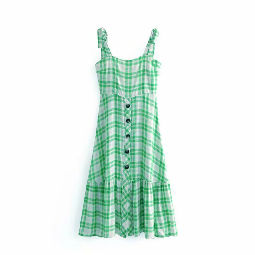 Spring Button Trim Plaid Dress